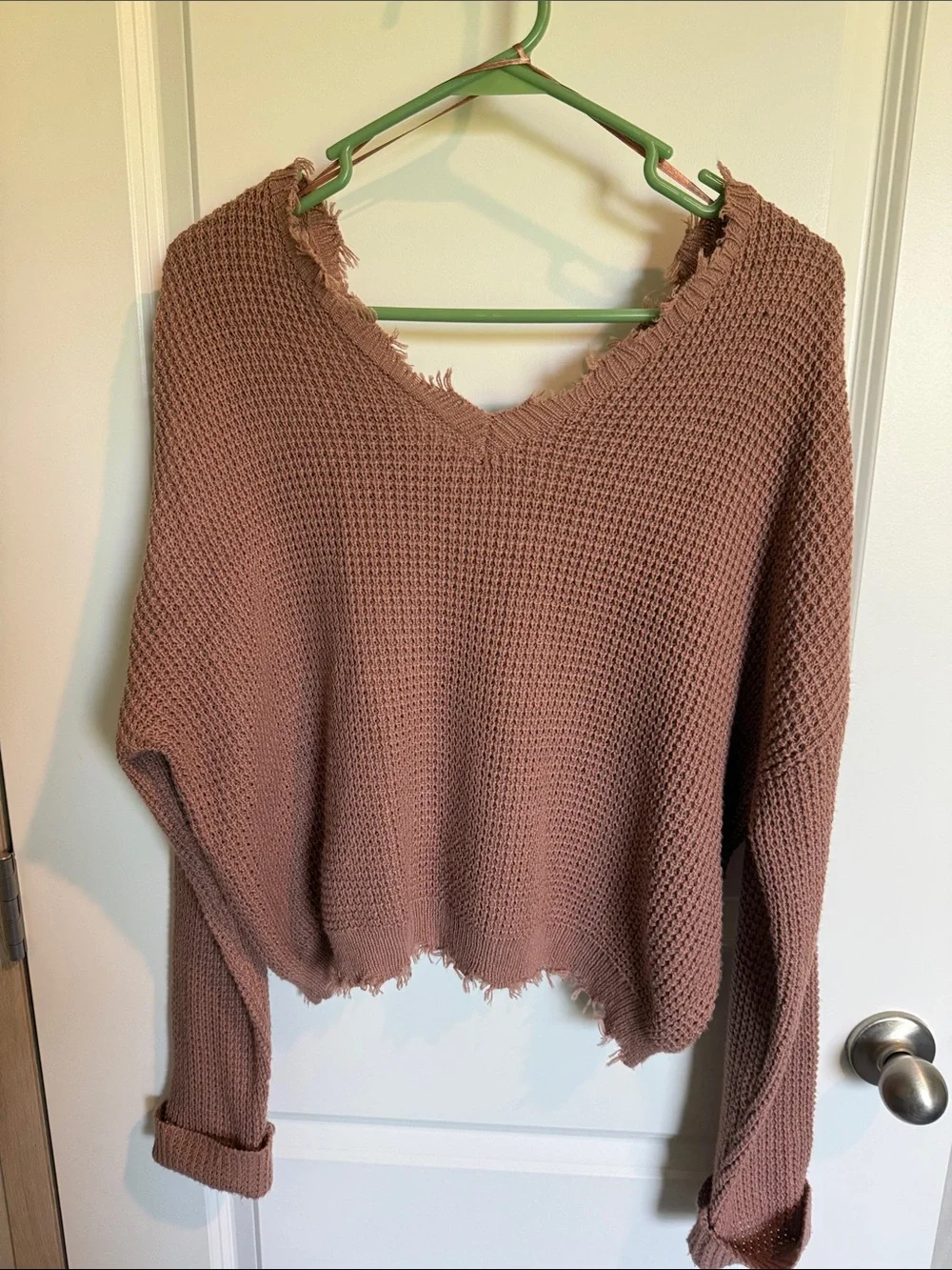 moon & madison Distressed V-Neck Waffle Knit Sweater - Mauve